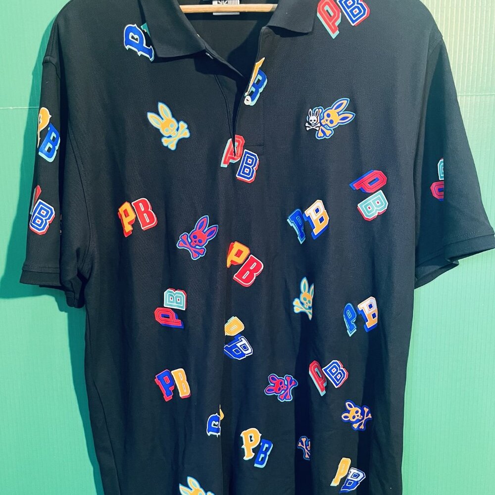 Psycho Bunny Polo Shirt Size 8 XXL Black All Over PB Logo Neon Trim Short Sleeve